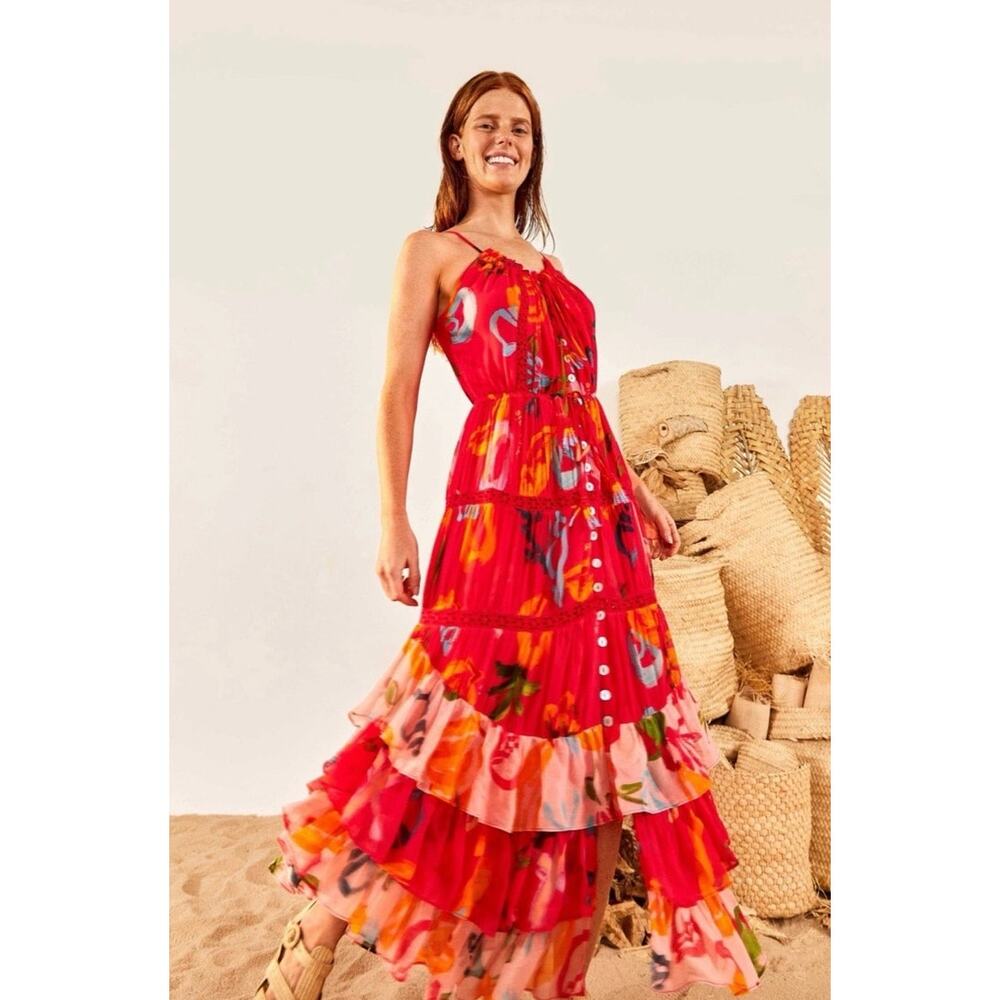 Farm Rio Mixed Fruits Ocean Maxi Dress Tiered Beaded Tassel Tropical Resort XL - Picture 2 of 16